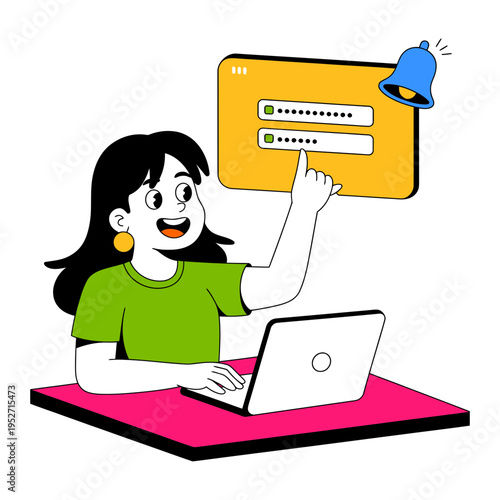 A cartoon woman using laptop with login notification on screen