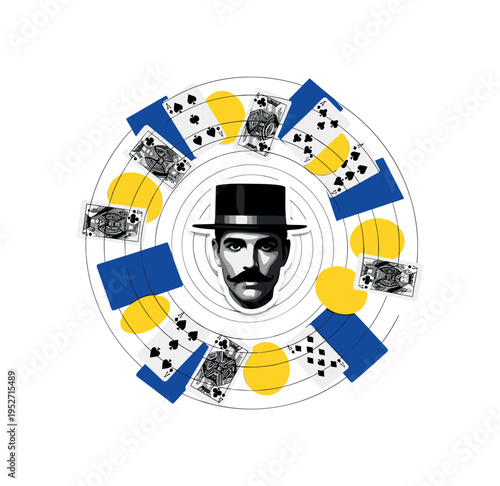 Black and white playing cards floating mid-air around magician?s head, vivid yellow circle and deep blue rectangular fragments arranged in circular motion,
