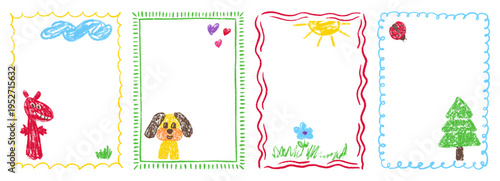 Kindergarten border box and frame crayon pastel with kid pencil text. Drawn drawing shape and heart birthday cute with child childish day. Gift kindergarten background and doodle frame chalk.
