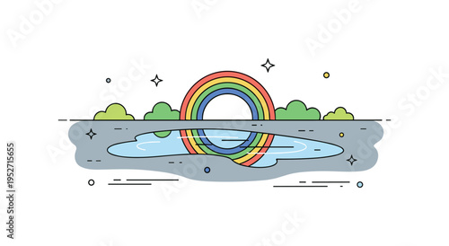 City puddle rainbow reflection showing a small reflective water patch on pavement mirroring a faint rainbow arc above, expressing quiet moments of color in