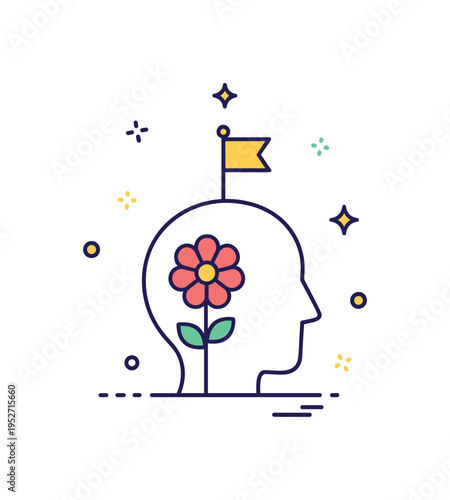 Personal growth celebration design featuring a blooming flower emerging from a subtle head outline with a tiny flag on top, expressing achievement in emotional