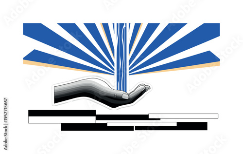 A monochrome open hand catching flowing water, bold semicircles radiating outward like sacred waves, flat rectangular blocks grounding the composition, strong