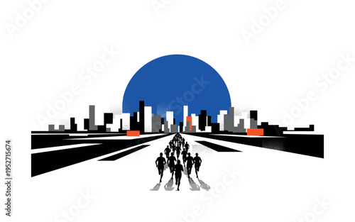 monochrome group of runners in perspective formation, large cobalt blue semicircle anchoring upper composition, flat geometric blocks layered as