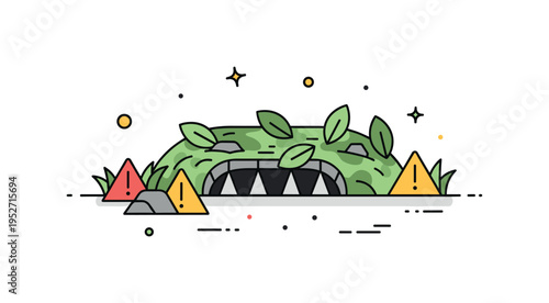 Hidden pitfall trap in dense jungle featuring a camouflaged ground opening covered with leaves and subtle warning symbol accents, symbolizing unexpected