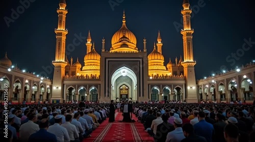 Muslims gather for prayer at a beautifully illuminated mosque under the night sky