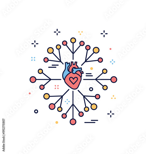 Human circulatory diagram simplified into a clean branching network radiating from a central heart symbol, reinforcing the idea of distribution and connection