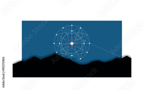 Black and white mountain ridge silhouette beneath geometric constellation grid, large deep blue rectangle anchoring the sky area, thin white linear star