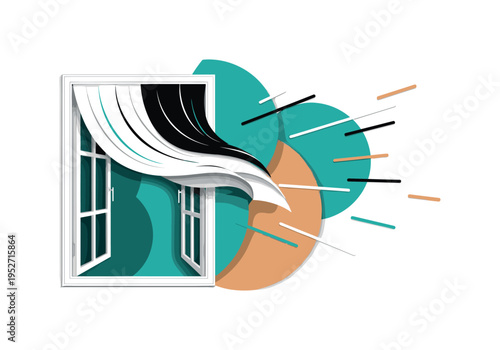 A monochrome open window with curtains slightly flowing inward, bold semicircular shapes behind representing fresh air and sunlight, thin diagonal lines