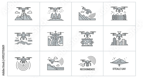 A collection of monochrome line icons depicting various drone applications and types, including reconnaissance, delivery, agriculture, surveillance, and stealth UAVs.