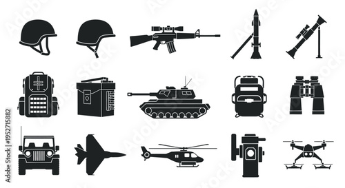 A collection of black silhouette icons representing various military equipment and vehicles, including helmets, weapons, tanks, aircraft, and drones.
