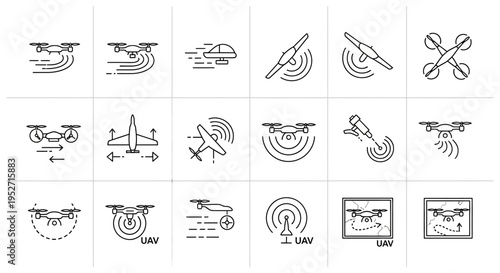 A comprehensive set of line art icons illustrating various aspects of drone technology, UAV flight, aerial surveillance, and signal transmission.