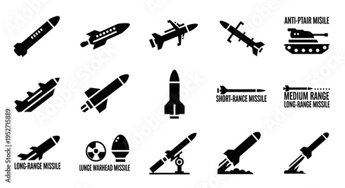 A collection of black silhouette icons depicting various types of missiles, rockets, and military weaponry, including anti-tank, short-range, medium-range, and long-range missiles.