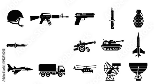 Collection of black silhouette icons representing various military weapons, vehicles, and equipment on a white background.