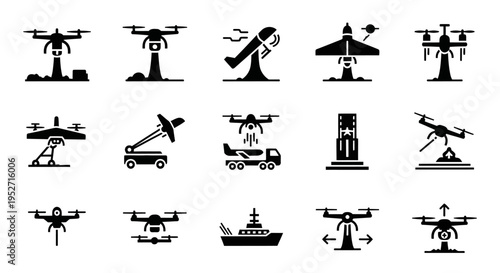 A collection of black and white icons depicting various drone types, launching systems, and related military or industrial unmanned aerial vehicle technology.