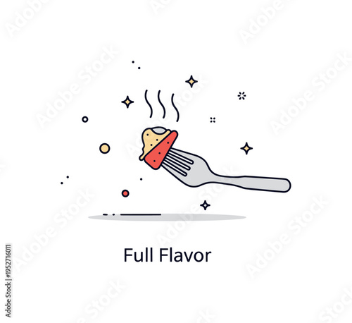 Rich taste gourmet flavor concept with a simple fork lifting a small bite topped with subtle steam lines and tiny star accents, expressing depth, aroma, and