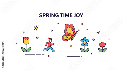 Springtime joy illustration featuring a bright butterfly leading a small running figure across minimal flower icons, symbolizing renewal and playful discovery.