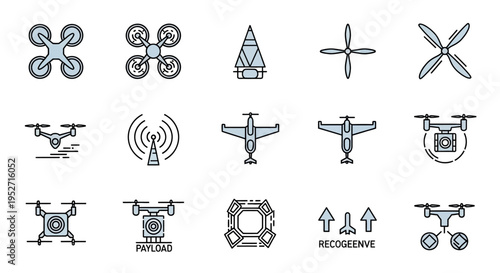 A collection of drone and UAV icons, including quadcopters, fixed-wing drones, propellers, and signal towers.