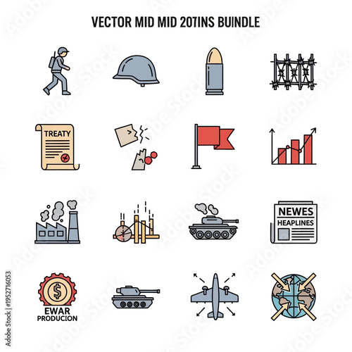 Vector icons bundle depicting military conflict, industrial production, and economic aspects of war.