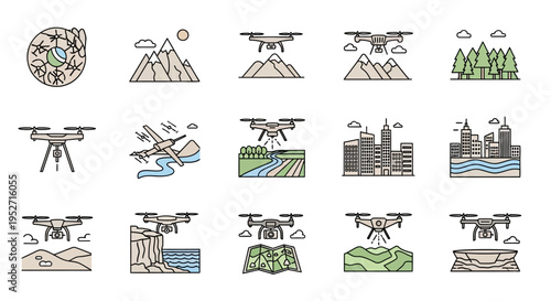 Collection of drone surveying and mapping icons over various landscapes including mountains, cities, forests, and deserts, illustrating modern aerial data acquisition.