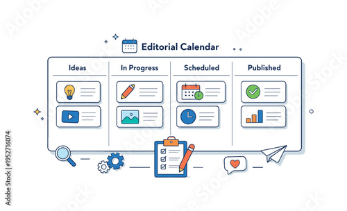 Content manager editorial calendar illustrated as a clean planning board with neatly arranged content blocks and simple icons, expressing clarity, organization