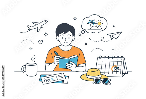 Holiday planning. A person reviewing travel notes, tickets, or a calendar while calmly preparing for time off. The scene reflects anticipation, organization,