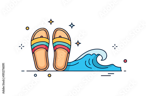 Beach trip companionship concept shown as two pairs of sandals placed next to a simple wave icon, symbolizing relaxation and shared leisure. The clean icon