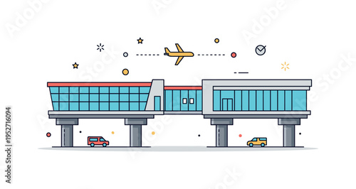 Airport terminal skybridge connecting two sections of a transport hub symbolizing travel flow and global mobility. A tiny airplane icon in the background