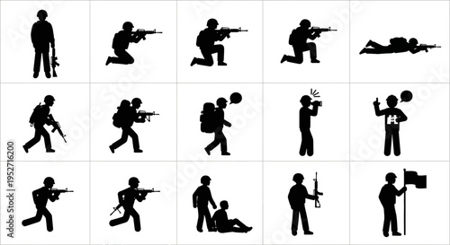 A collection of black silhouette icons depicting soldiers in various military actions and poses, including standing, kneeling, prone, marching, and assisting a comrade.