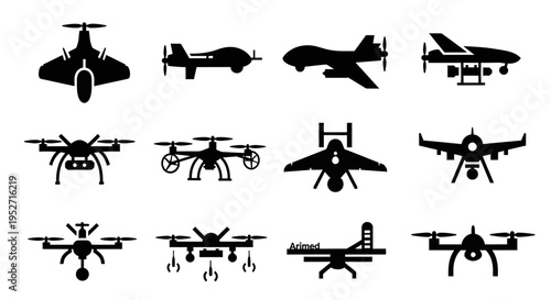 Collection of black silhouette icons depicting various types of drones and unmanned aerial vehicles for modern technology applications.