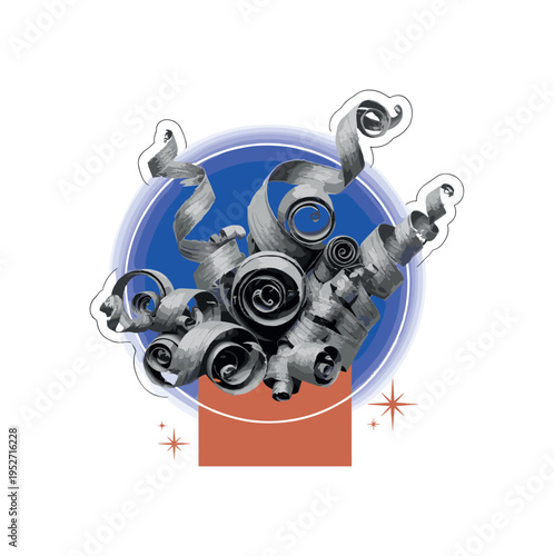 Black and white close-up of wood shavings curling dramatically, bright cobalt circular halo centered behind curls, warm terracotta rectangular block anchoring