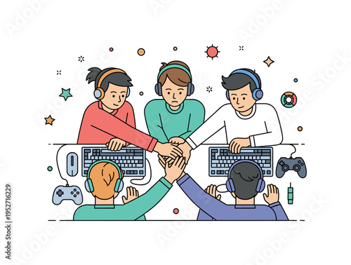 Team huddle at an esports event with players discussing strategy, hands together over keyboards and controllers, emphasizing coordination, unity, and focus.