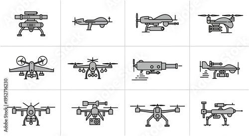 A collection of various drone icons and illustrations, showcasing different types of unmanned aerial vehicles for diverse applications, from surveillance to delivery.