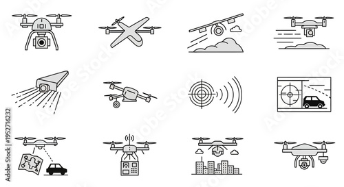 A comprehensive set of black and white line icons illustrating various drone applications, including surveillance, delivery, mapping, and tracking technologies.