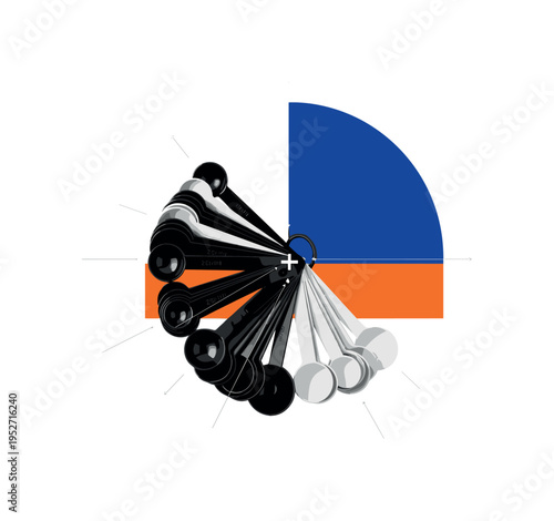 Black and white stackable measuring spoons arranged in circular formation, bold blue semicircle behind upper arc, orange rectangle intersecting lower area,