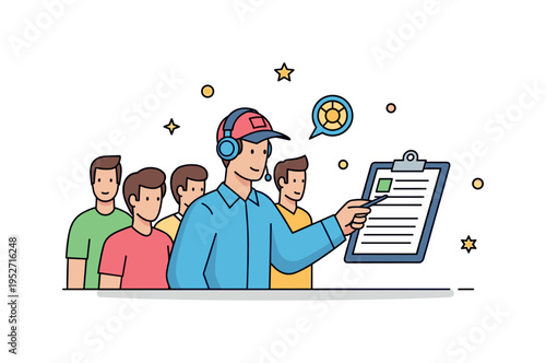 Team coach giving instructions while pointing at notes on a clipboard, symbolizing communication, tactical thinking, and collaborative effort. A dynamic yet