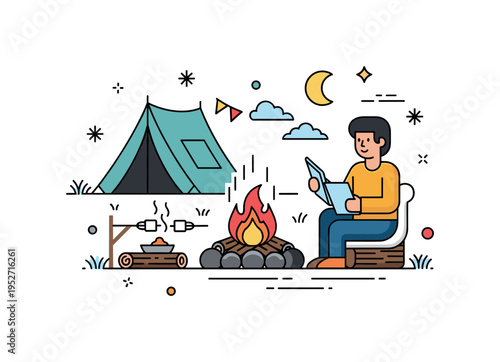 Evening camping scene with a person narrating stories beside a flickering campfire, marshmallows roasting nearby, conveying relaxation, storytelling, and