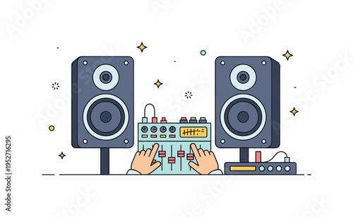 Retro music control room large speaker monitors flanking a compact mixing desk with glowing knobs and sliders, conveying focused creativity and hands on audio