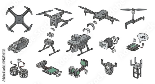 Exploded view of various drone components and accessories, including main body, propellers, cameras, batteries, and landing gear.