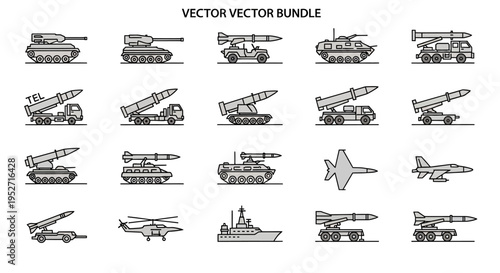 Monochrome pixel art icons of military equipment, combat vehicles, and weapon systems including tanks, missile launchers, jets, helicopters, and a warship.