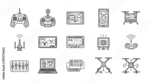 A collection of drone technology icons including remote controls, mobile devices, drone frames, and control systems.