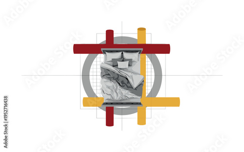 Monochrome neatly arranged bed viewed from above, high-contrast vintage texture, intersected by sharp abstract rectangles and cylindrical shapes in deep red