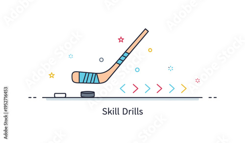 Skating and ice sports hockey drills section showing a minimal hockey stick and puck aligned with small directional arrows, expressing coordination and