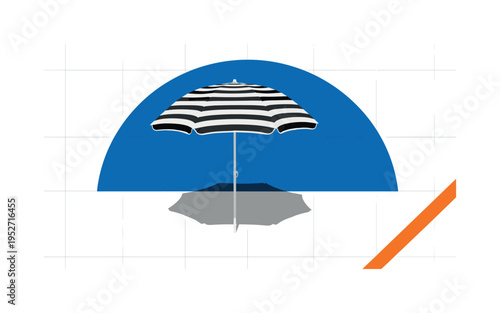 Black and white striped beach umbrella casting graphic shadow, bold cobalt blue semicircle backdrop emphasizing shade, orange diagonal stripe implying warmth
