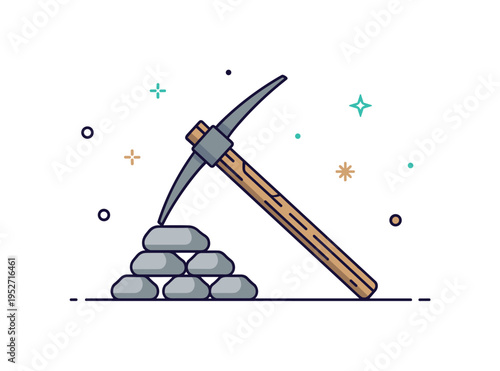 Vintage mining equipment illustration showing a classic wooden handled pickaxe resting against a small stone pile, symbolizing traditional craftsmanship and