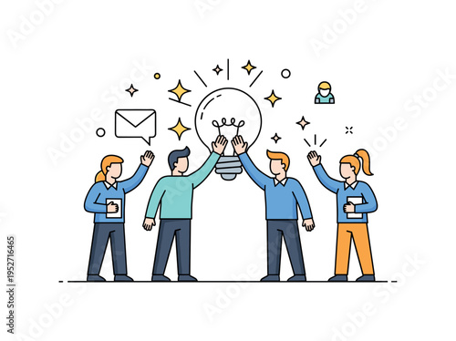 Creative agency win designers high fiving in front of a simple lightbulb icon, star accents highlighting innovative breakthrough. A modern concept illustration