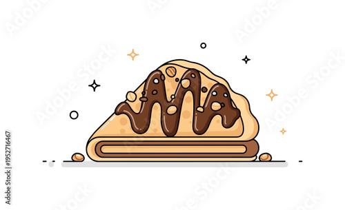 Chocolate topped crepe dessert featuring a folded crepe drizzled with chocolate and sprinkled with small nut accents, expressing sweetness and indulgence. The