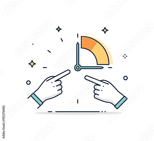 Golden hour representation shown as elegant clock hands pointing toward a warm highlighted segment of the dial, expressing a special moment of the day. The