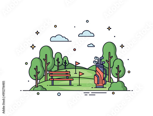 Secluded golf retreat tranquil fairway surrounded by trees with a single bench and golf bag resting nearby, expressing calm exclusivity and personal leisure