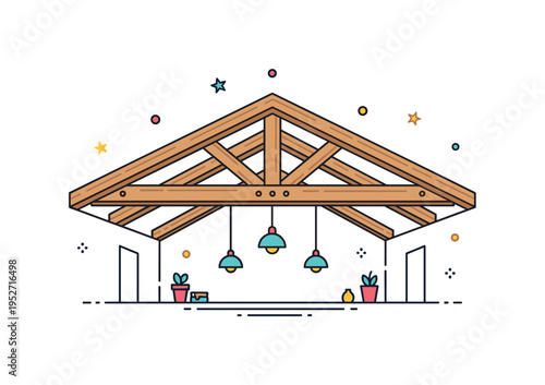 Vaulted ceiling beams concept centered on symmetrical wooden supports extending upward, creating height and visual rhythm. The badge-style