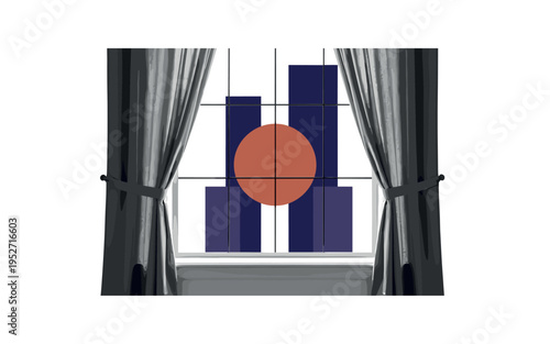 Black and white window scene with linen curtains slightly parted, large terracotta circle centered behind opening like abstract sun, deep indigo rectangular